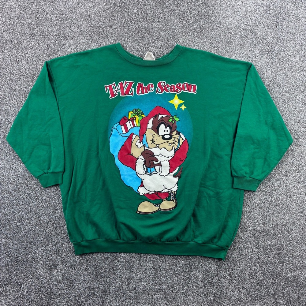 Vintage Looney Tunes Sweatshirt Mens‎ XL Green Taz the Season Christmas Santa